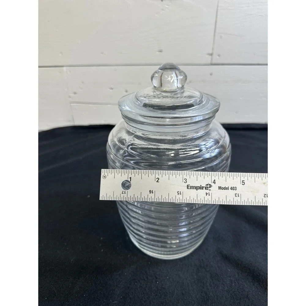 Vintage Clear Ribbed Glass Apothecary Jar Beehive Storage Canister with Lid